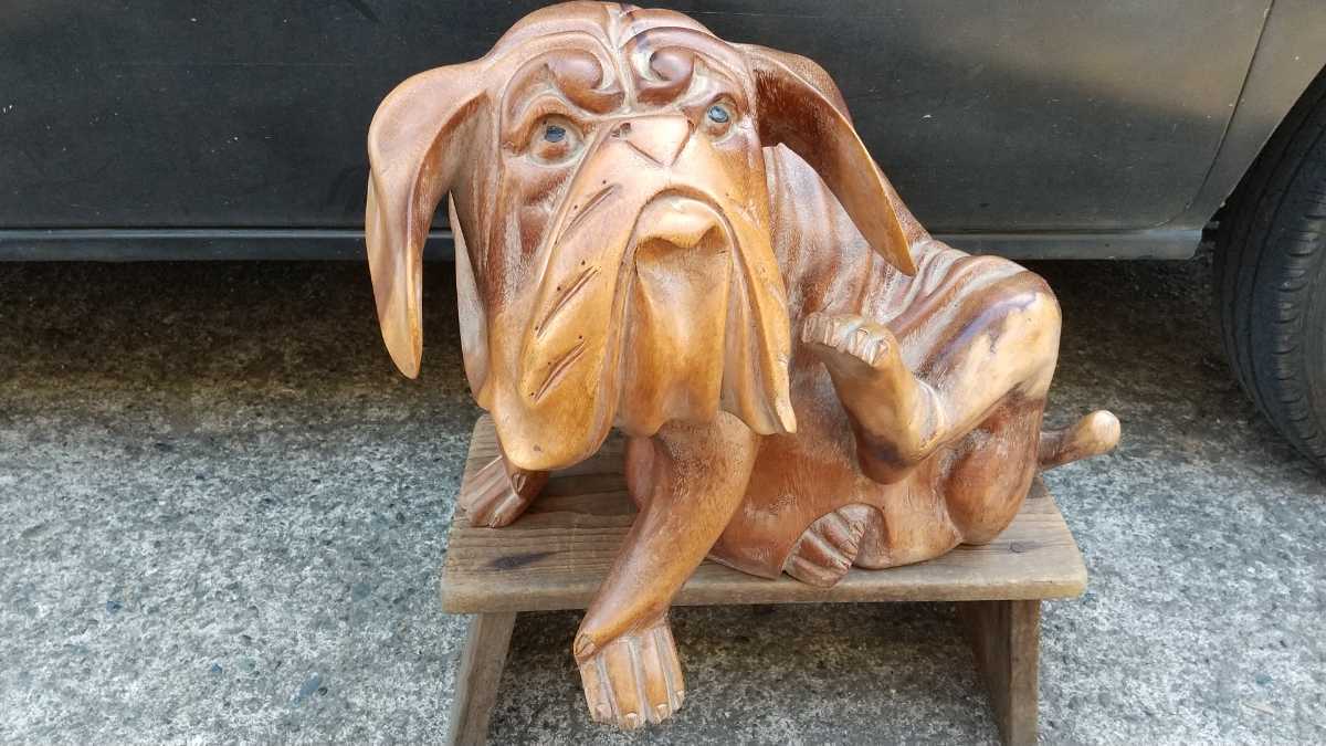 木彫り犬 ブルドック 無垢材 古い 高さ31cm横40cm奥行き30cm 木製_画像6