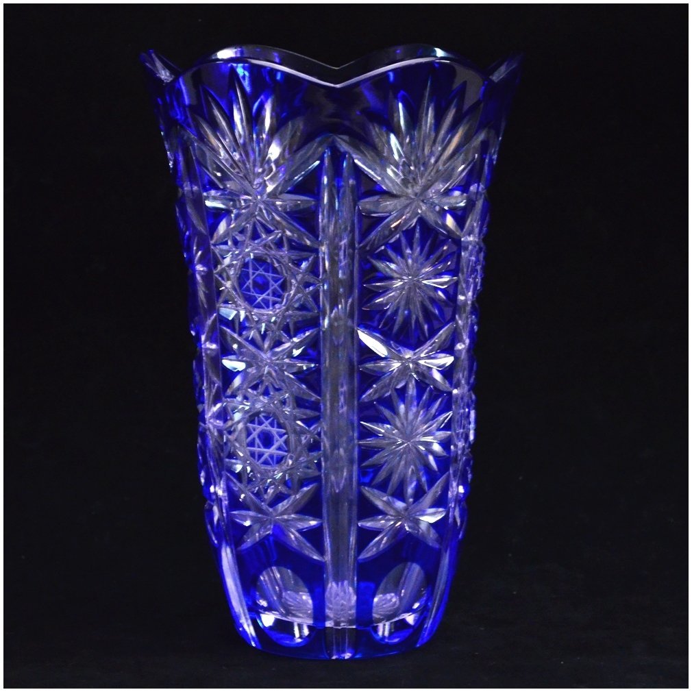 未使用保管品 山崎ガラス 薩摩切子 花瓶 青 共箱付属 高さ約22.5cm 
