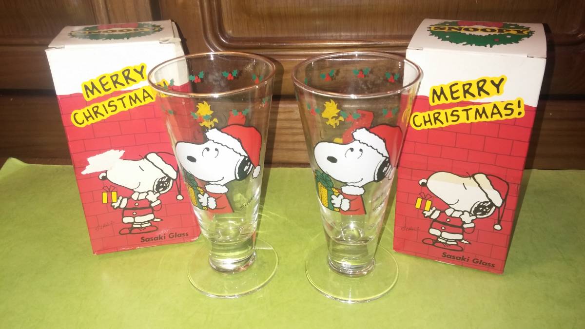 SNOOPY X'MAS スヌーピー クリスマス ガラス 脚付きグラス 当時物　新品　保管品　佐々木ガラス 昭和レトロ　2個セット_画像1