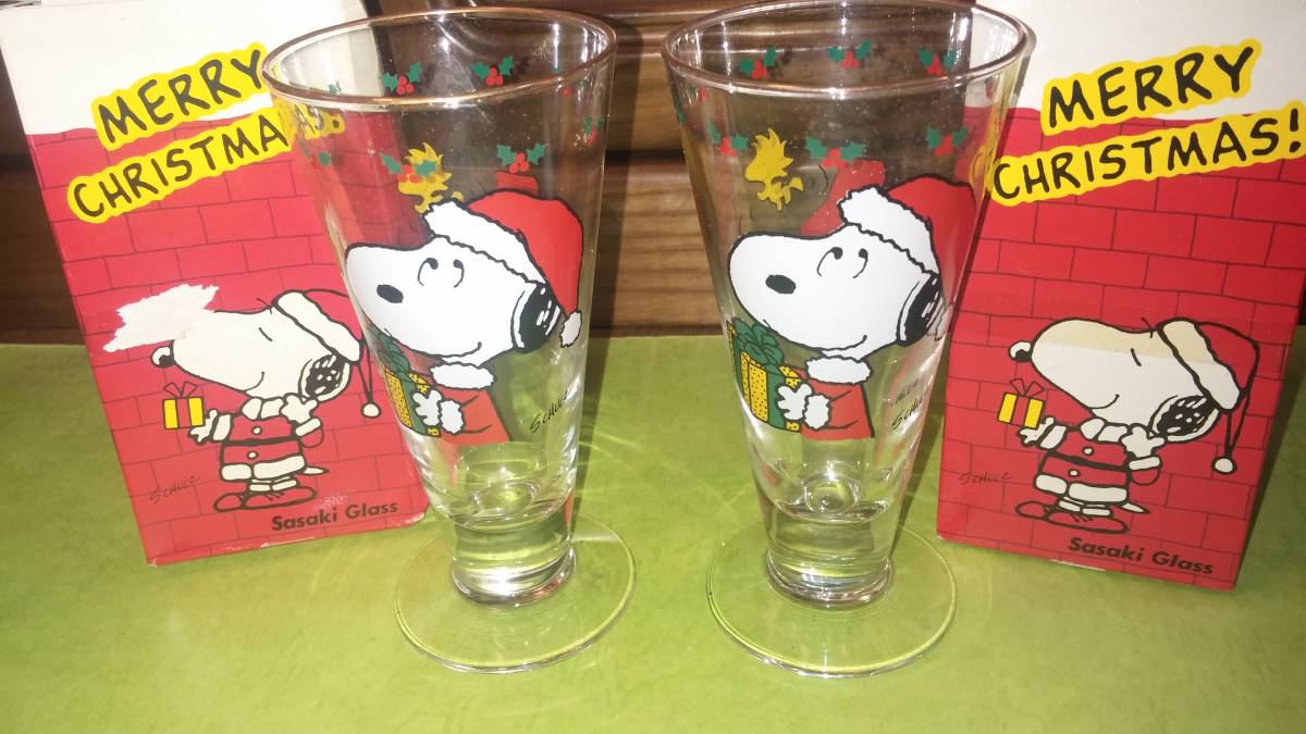 SNOOPY X'MAS スヌーピー クリスマス ガラス 脚付きグラス 当時物　新品　保管品　佐々木ガラス 昭和レトロ　2個セット_画像2