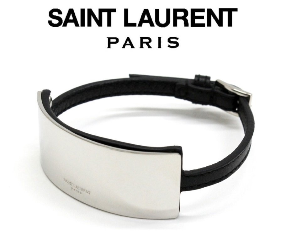 6万新品◇S◇Saint Laurent◇黒レザーメタルプレートバングルサン