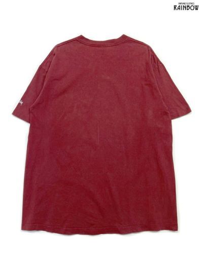 古着 90's STUSSY ステューシー アメリカ製 プリントデザイン コットン100％ 半袖 Ｔシャツ 赤 ボルドー (ttu_画像6