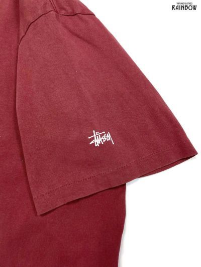 古着 90's STUSSY ステューシー アメリカ製 プリントデザイン コットン100％ 半袖 Ｔシャツ 赤 ボルドー (ttu_画像4