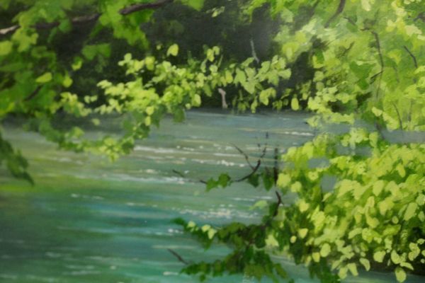 ●美品 作家 身野友之 タイトル「青碧の流れ」10号 十和田湖の奥入瀬 油絵 自然画 Z3220 - 3