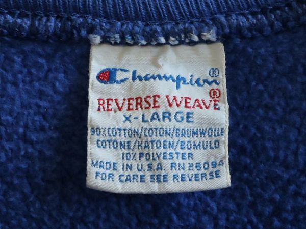 90s USA製 チャンピオン Champion リバースウィーブ ビンテージ スウェット トレーナー スクリプト 刺繍 ビッグロゴ US- XL サイズ 青 //_画像4