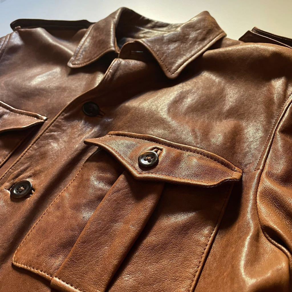 【Italy製】Ralph Lauren “Leather Safari Jacket” M L ラム レザー サファリ ジャケット コート ベルト ミリタリー イタリア RRL_画像4