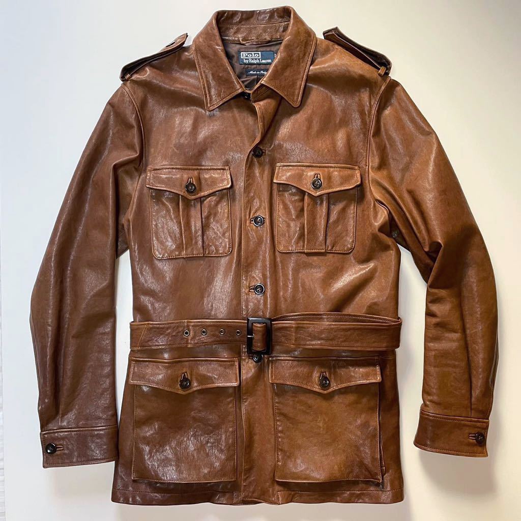 【Italy製】Ralph Lauren “Leather Safari Jacket” M L ラム レザー サファリ ジャケット コート ベルト ミリタリー イタリア RRL_画像2