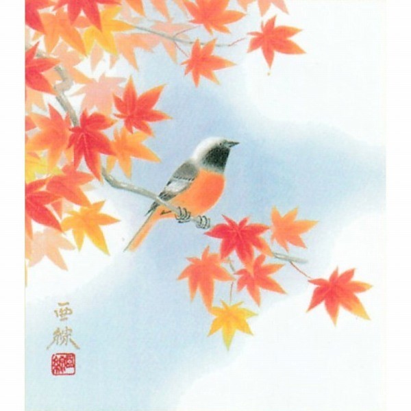 ■【送料無料・新品】林亜綜『紅葉・色紙(ブラウン)』日本画 絵画 静物画 小鳥 花鳥【KTD-M4344B】