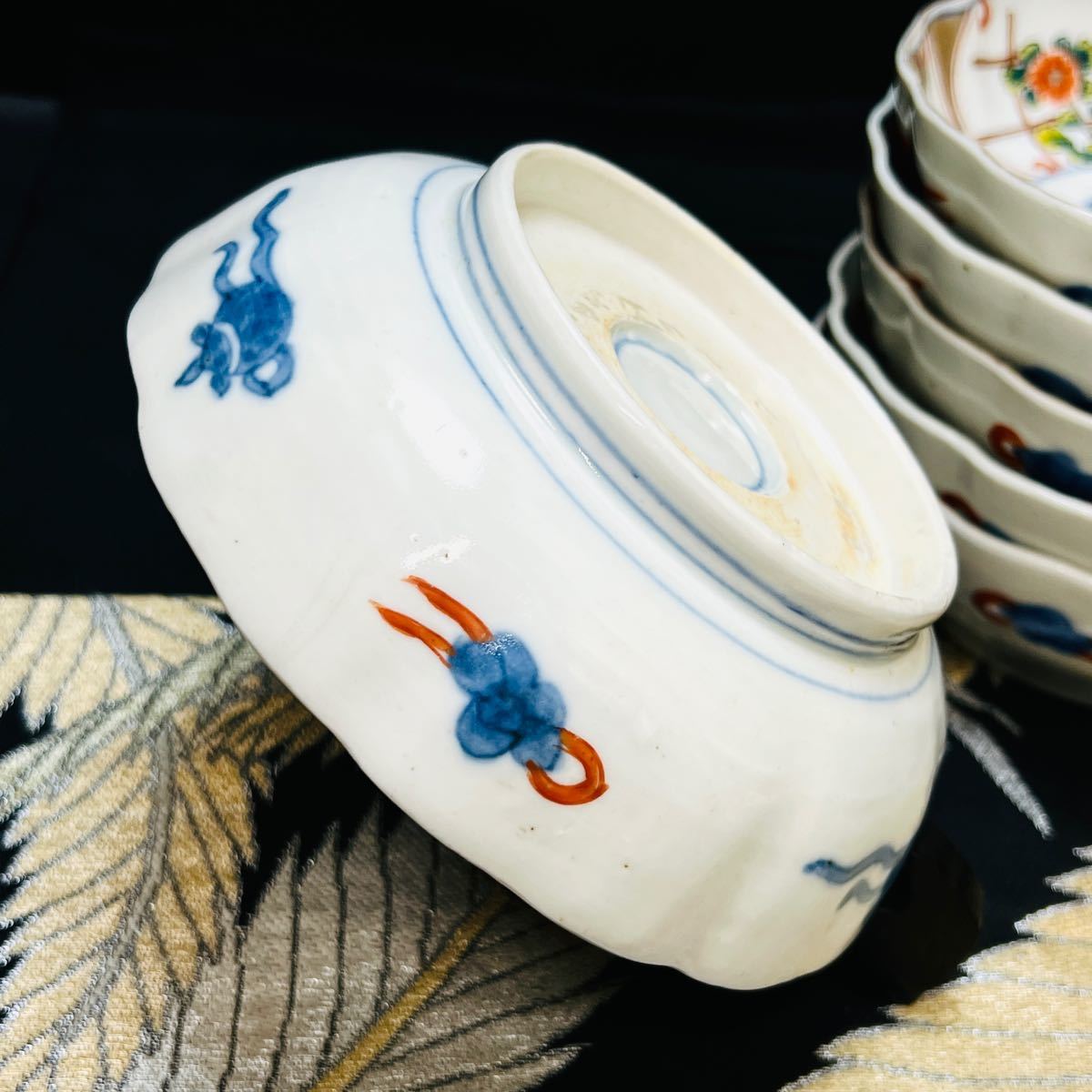 有田焼 古伊万里 金彩窓絵壽 唐草花紋 手描き 中皿 6客 江戸 明治