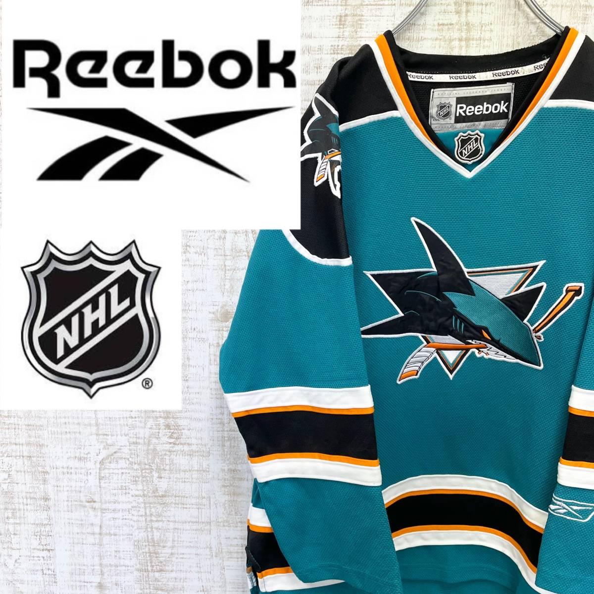 OF23《NHL》リーボック　ゲームシャツ　七分Vネック　サンノゼシャークス　刺ロゴ