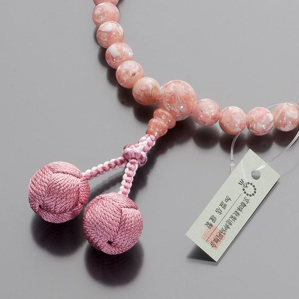 女性用　数珠　ピンクシェル（8mm玉）　正絹小田巻梵天房　数珠袋付