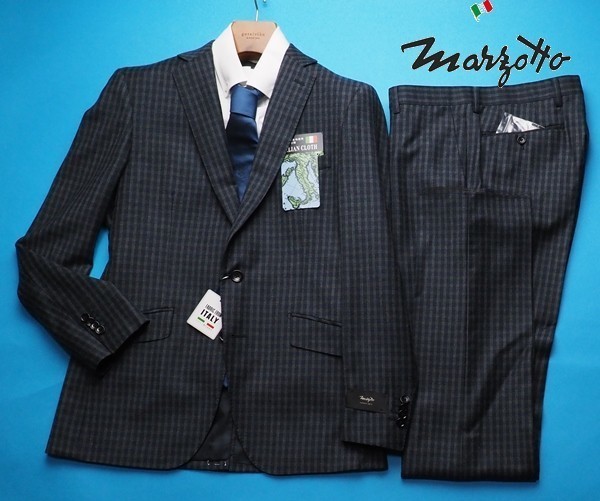 新品8.6万円 大手百貨店扱い 秋冬『MARZOTTO マルゾット 伊製生地』Super100S 艶感×ライトフランネル チェック柄 スーツA8紺(B) 1164861_画像1