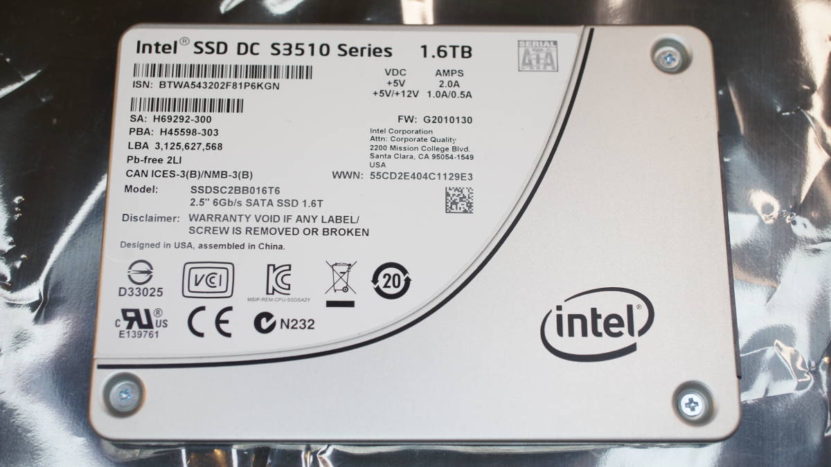 【Intel純正SSD・1.6TB・データセンター対応・高耐久モデル】インテル Intel SSD DC S3510 1.6TB SSDSC2BB016T6