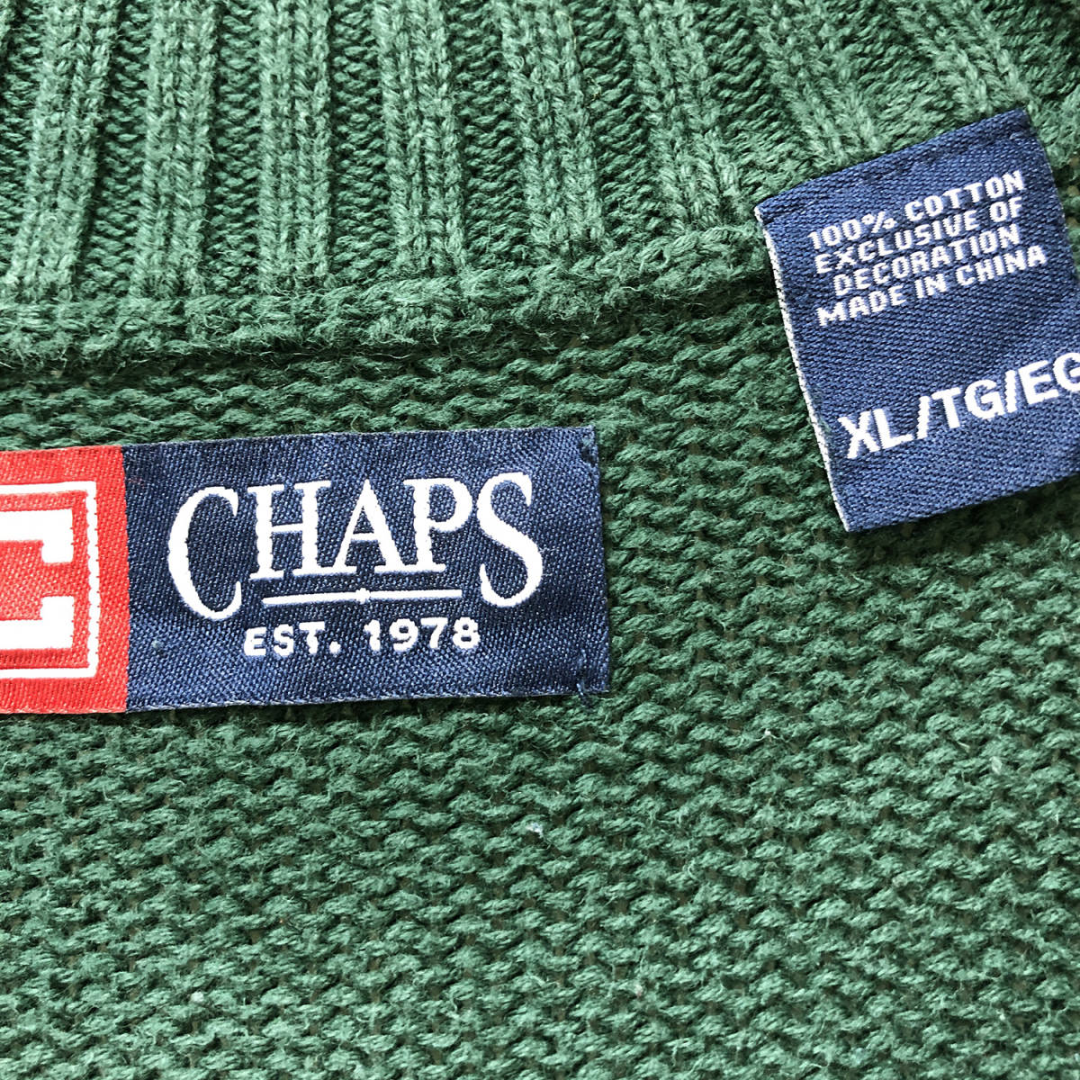 USA古着 チャップス コットンニット ハーフジップ セーター グリーン 深緑色 メンズXL 大きいサイズ CHAPS ラルフローレン 古着 BJ0283_画像6