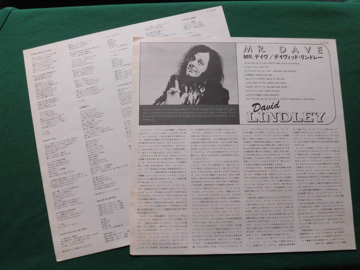 デイヴィッド・リンドレ―/Mr,デイヴ　シンガー・ソングライター、ラップ・スティール・ギターの名手、1985年レア帯国内初回盤_ライナー＆歌詞カード