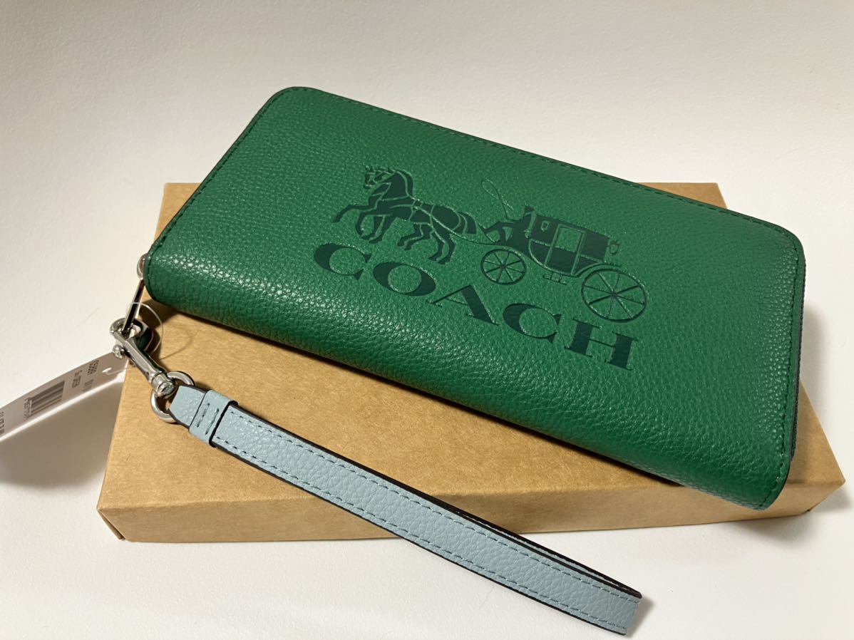 COACH コーチ 財布 長財布 ストラップ付 馬車柄 緑 グリーン