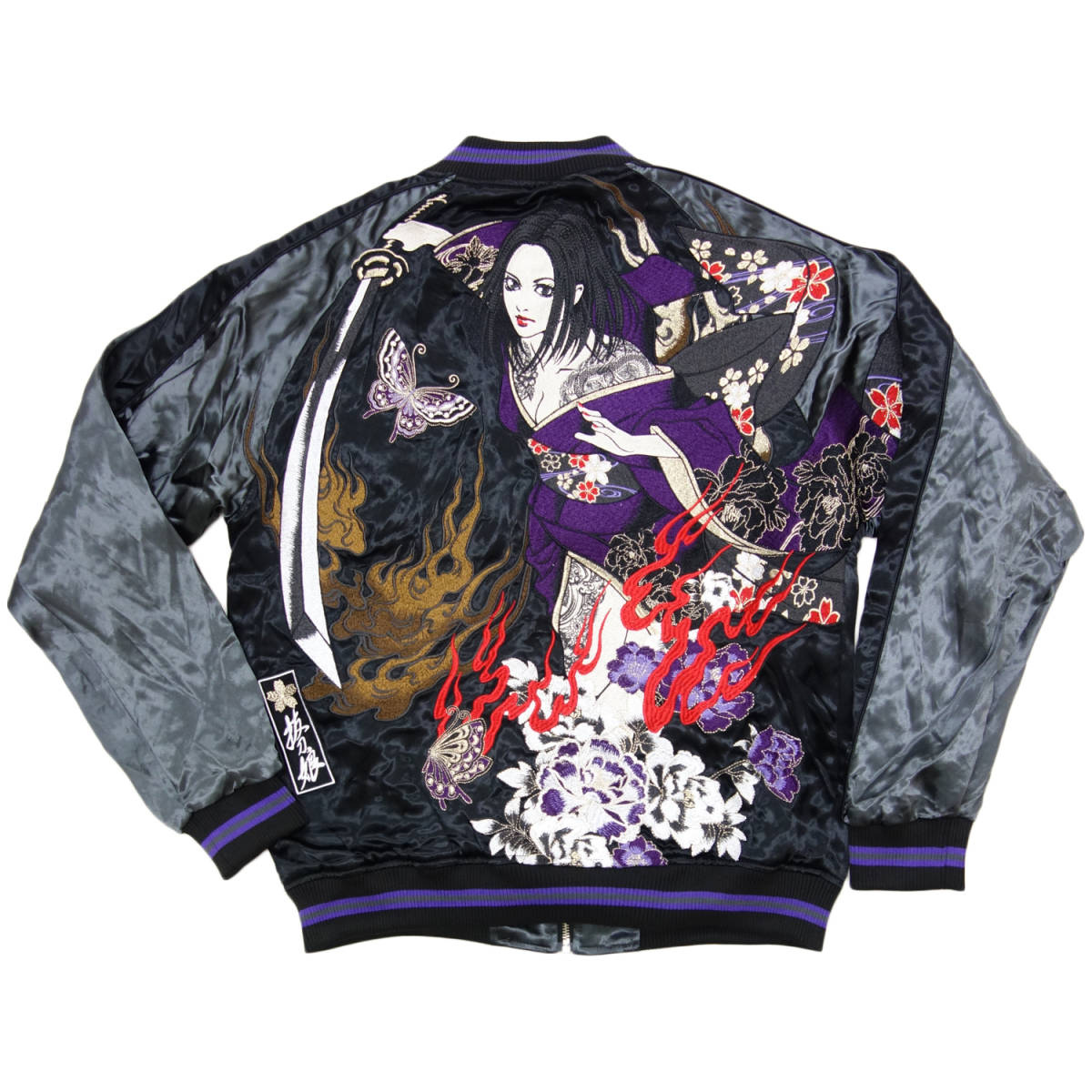 送料無料 抜刀娘 スカジャン 214036 黒 3L (XXL) 凛 蝶 鬼火 桜 龍