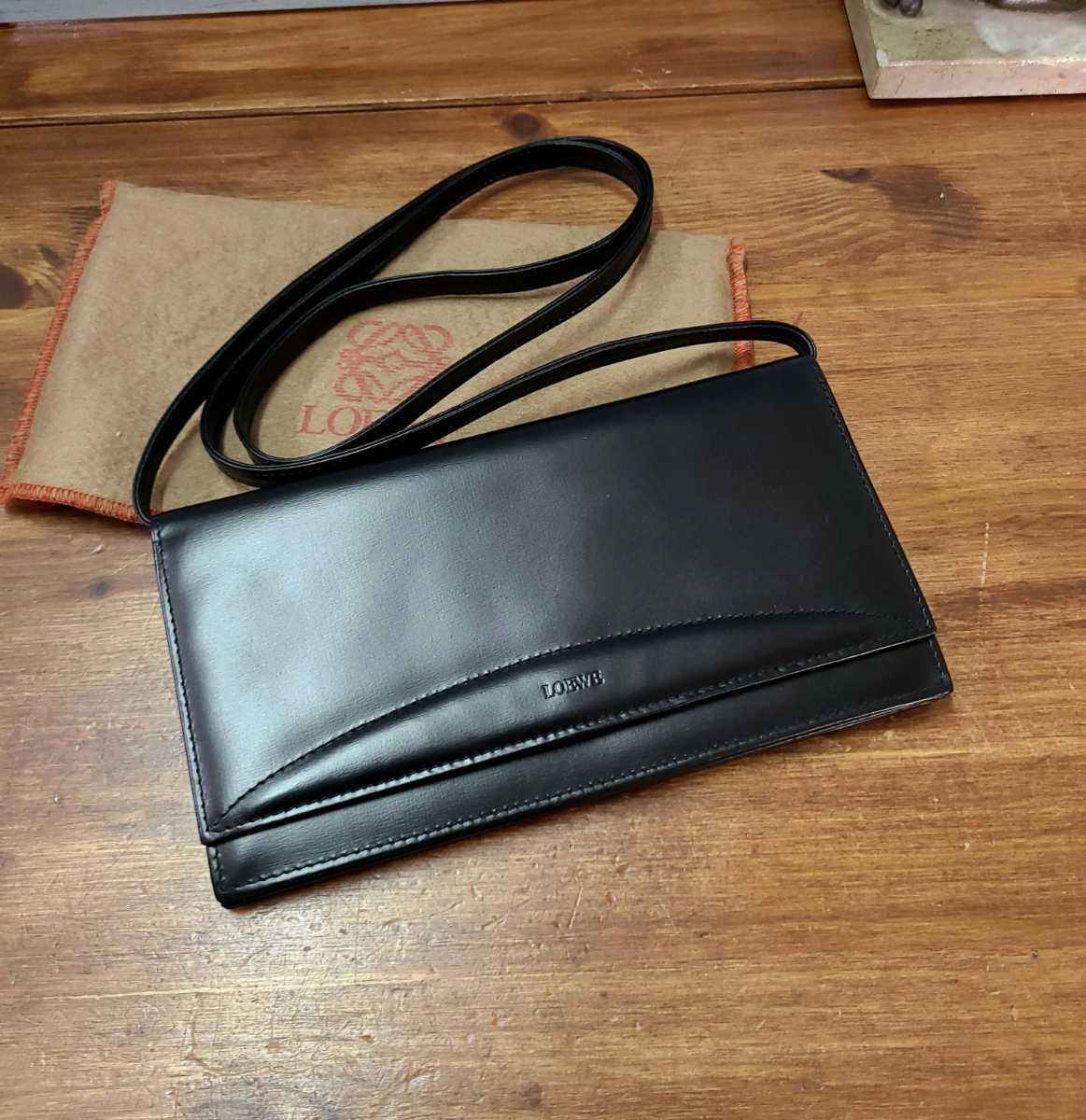 新品同様☆LOEWE ロエベ ショルダーウォレット 長財布 バッグ ポシェット レザー ブラック系 ロゴ ヴィンテージ オールド_画像1