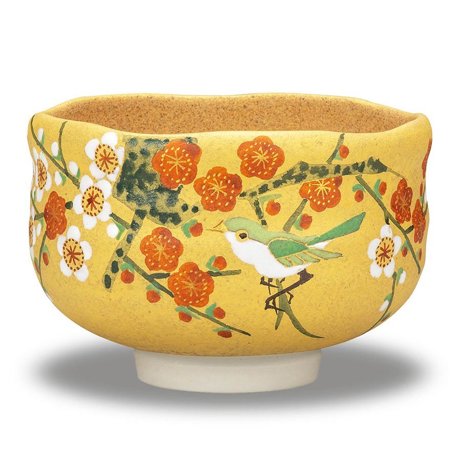 即決】送料無料! 九谷焼 抹茶碗 金彩梅に鳥 木箱入り 共箱 陶器 茶器
