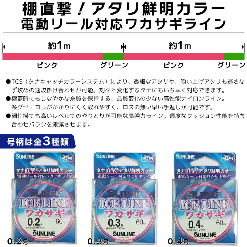 スーパーアイスライン　ワカサギ 60m 0.4号 ナイロンライン 電動リール対応ワカサギライン SUNLINE わかさぎ釣り 釣り糸_画像2