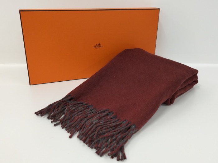 HERMES マフラー フリンジ ワインレッド グレー カシミア100%-