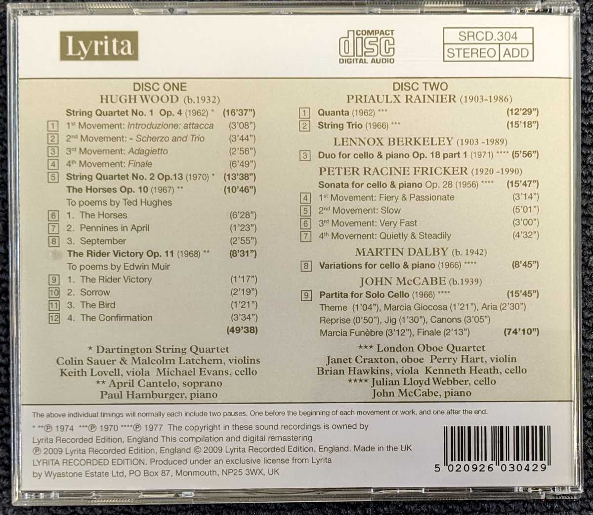 英Lyrita SRCD304/2CD◆ヒュー・ウッド:弦楽四重奏曲第1番,第2番-レーニエ:クァンタ /フリッカー/カンテロ/ダーリントン弦楽四重奏団_画像2