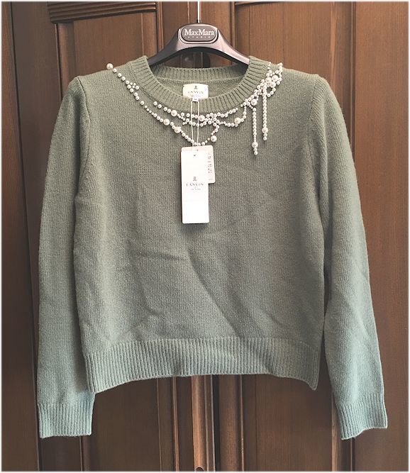 LANVIN en Bleu ランバンオンブルー★ウール80%・パール飾り付き・ニット・セーター・モスグリーン・サイズ38・M前後★未使用★送料無料_画像1