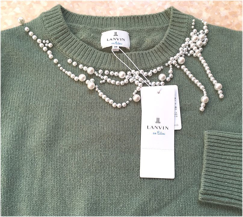LANVIN en Bleu ランバンオンブルー★ウール80%・パール飾り付き・ニット・セーター・モスグリーン・サイズ38・M前後★未使用★送料無料_画像4