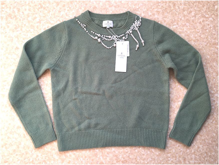LANVIN en Bleu ランバンオンブルー★ウール80%・パール飾り付き・ニット・セーター・モスグリーン・サイズ38・M前後★未使用★送料無料_画像3