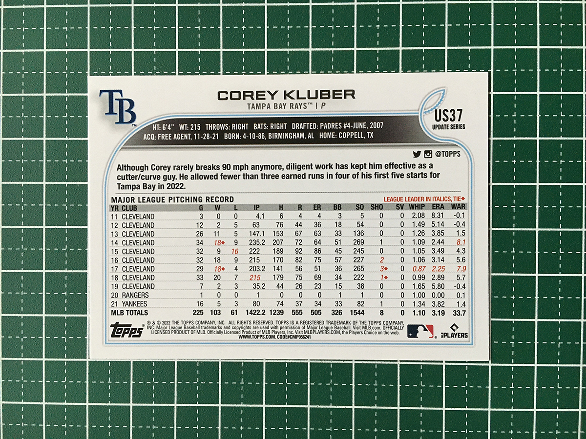 ★TOPPS MLB 2022 UPDATE #US37 COREY KLUBER［TAMPA BAY RAYS］ベースカード「BASE」★_画像2