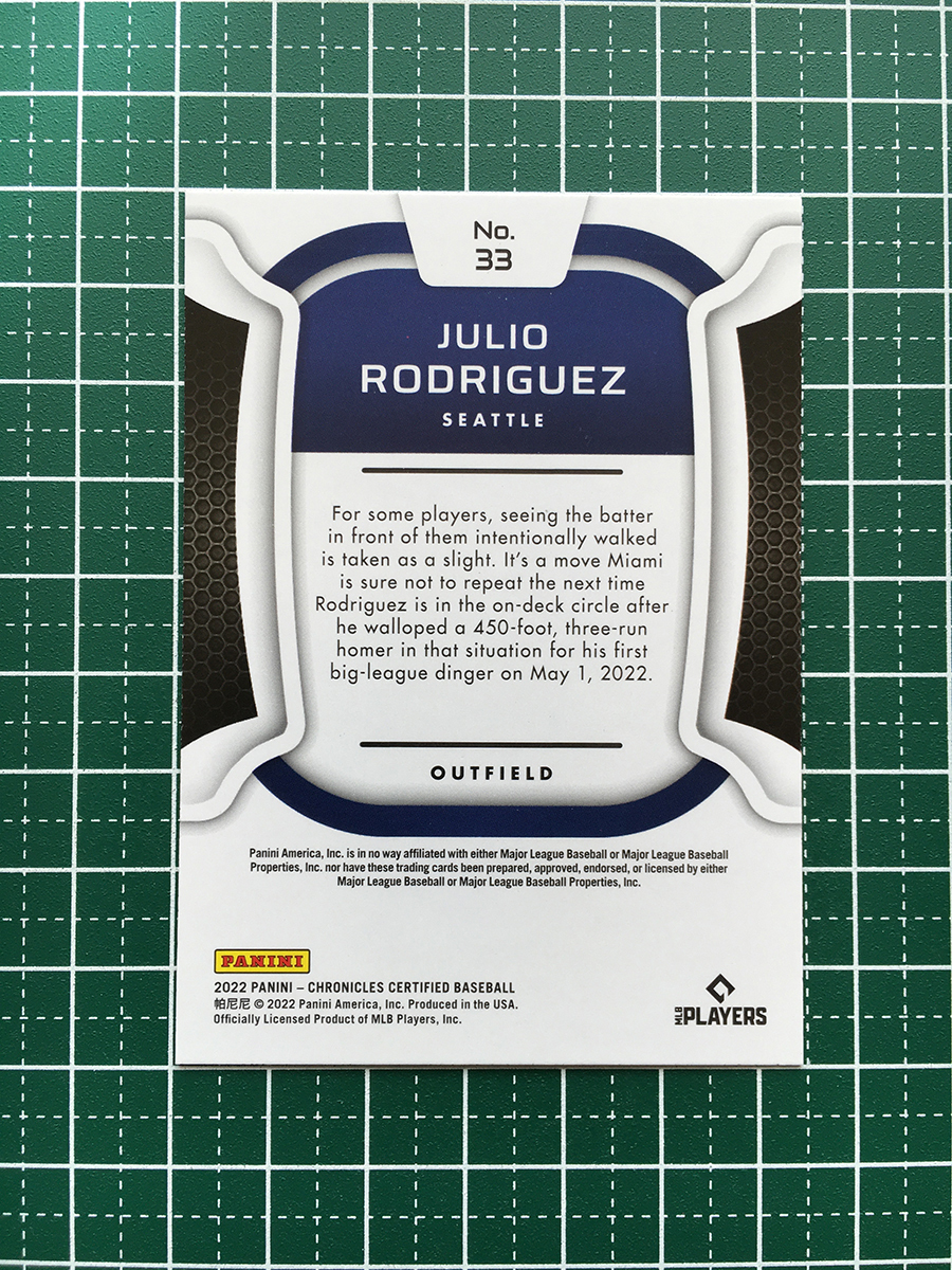 ★PANINI MLB 2022 CHRONICLES #33 JULIO RODRIGUEZ［SEATTLE MARINERS］インサートカード「CERTIFIED」ルーキー「RC」★_画像2