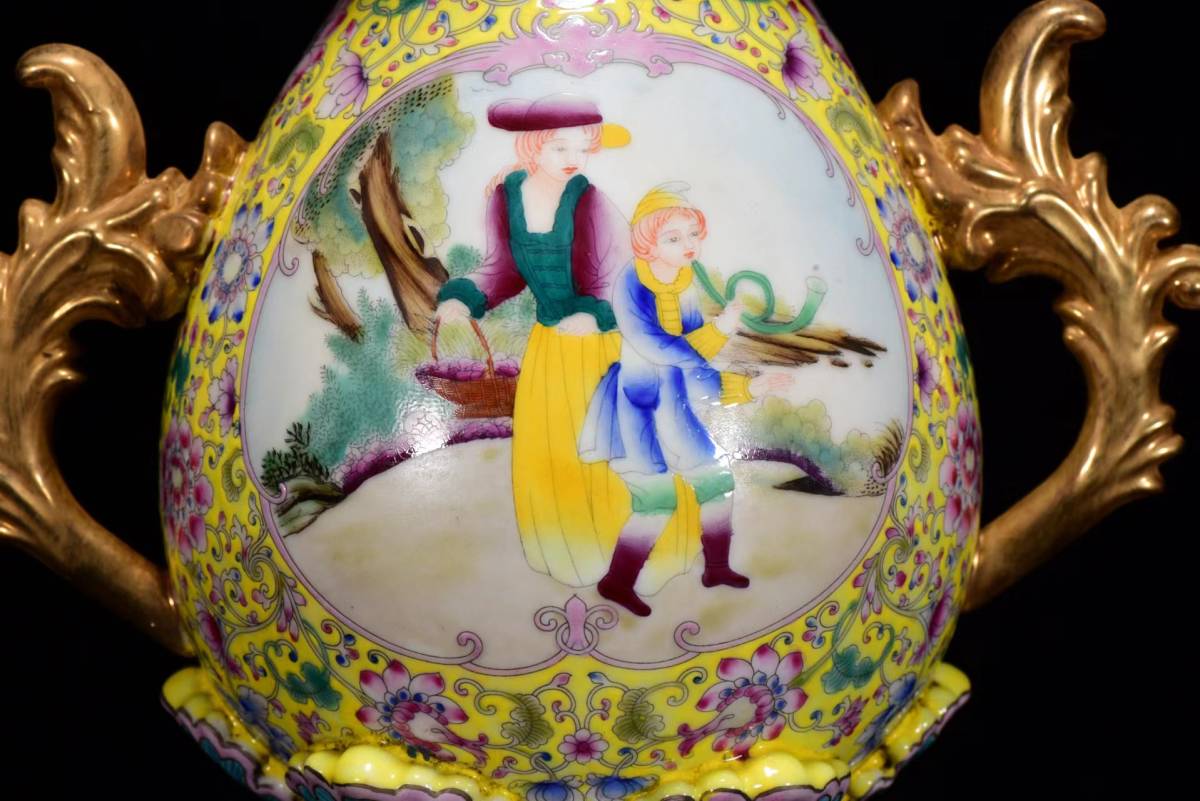【骨董*珍藏*古陶磁器*清*雍正年製*琺瑯彩*流金*西洋人物紋*雙耳蓋瓶一對】極細工 古賞物 中国古玩 中国古美術_画像5