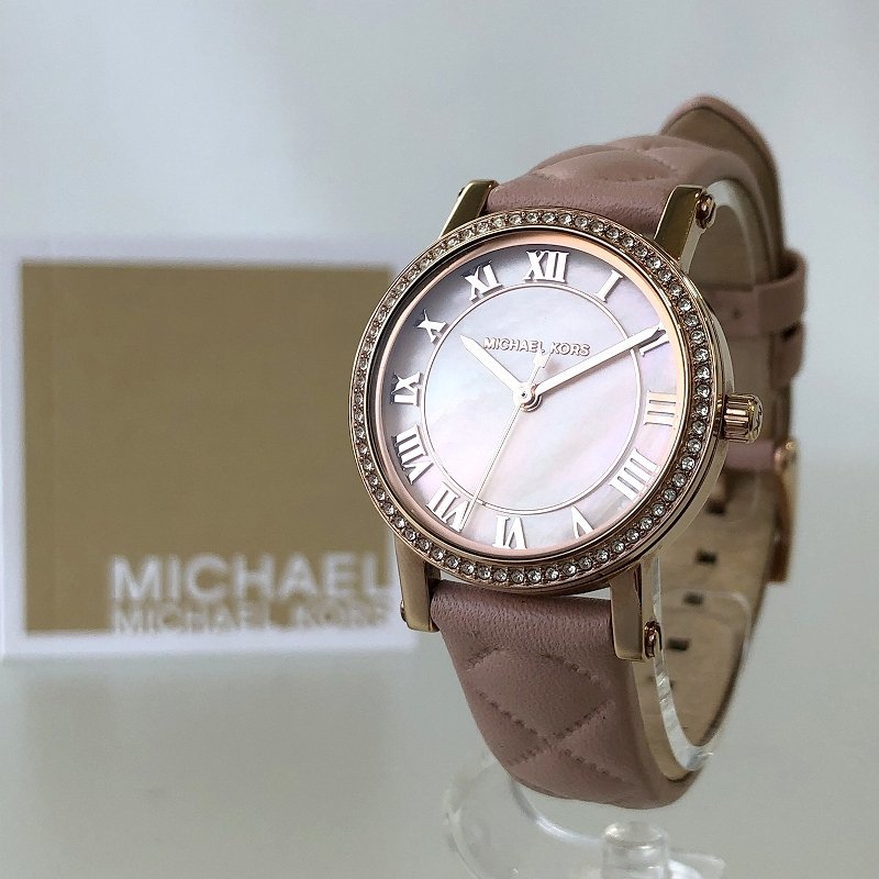 極美品 マイケルコース プチ ノリエ 28mm 腕時計 MK2683 シェル文字盤 ローズゴールドカラー ピンク レザー クリスタル QZ