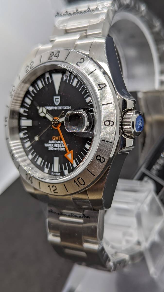 エクスプローラーⅡ オマージュ レトロ 機械式 腕時計 Pagani Design ステンレスブレス 黒 シルバー 42mm 国内発送 GMT_画像2