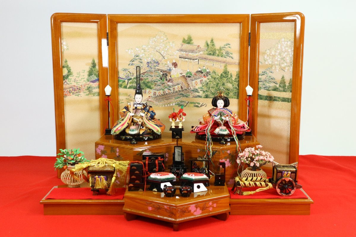 雛人形 御貝桶雛遊び 木目塗 さくら 親王飾り 専用台・収納箱 三月飾り 日本人形