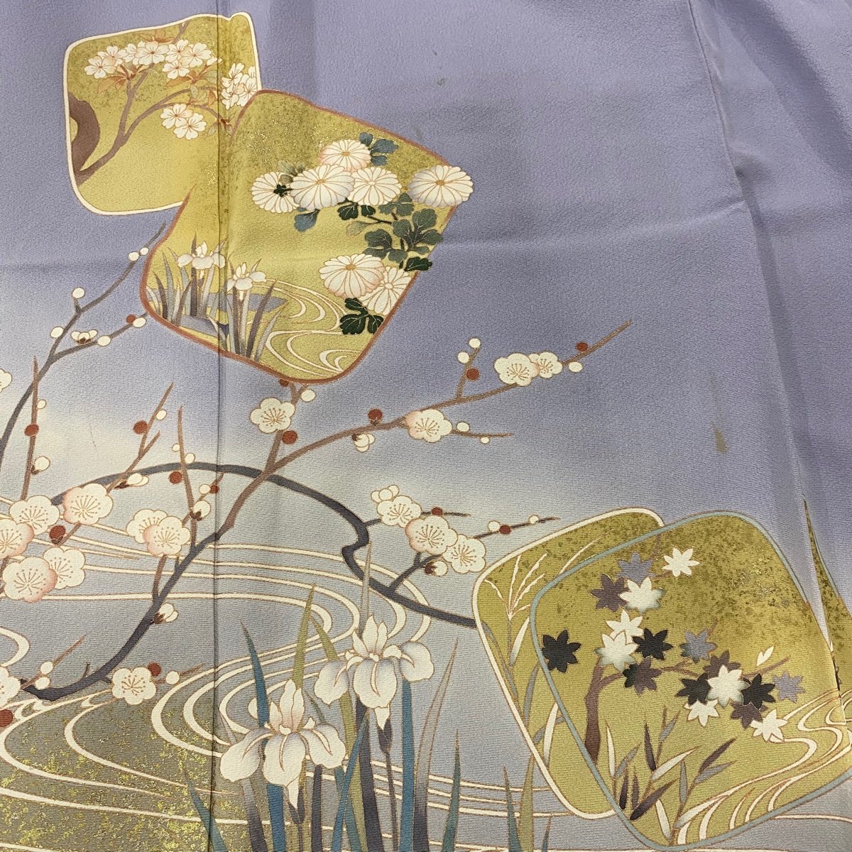 【競ナビ】色留袖 秀品 落款 枝梅 流水 金彩 薄紫 袷 169cm 66cm M 正絹 【中古】_画像4
