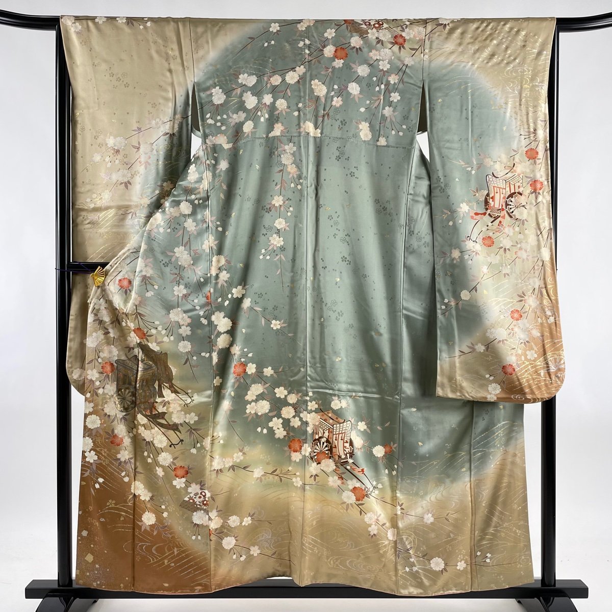 訪問着 美品 秀品 ぼかし 一つ紋 正絹 青灰色 染め分け 袷 桜の花びら 