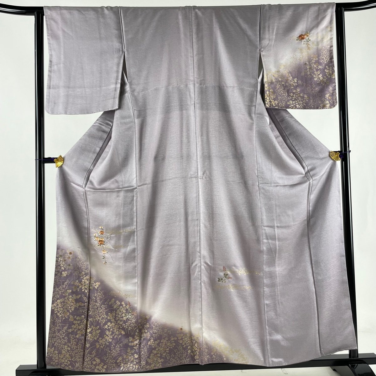 福袋 袷 薄紫 刺繍 金彩 草花 扇 秀品 付下げ 身丈158cm 【中古】 正絹