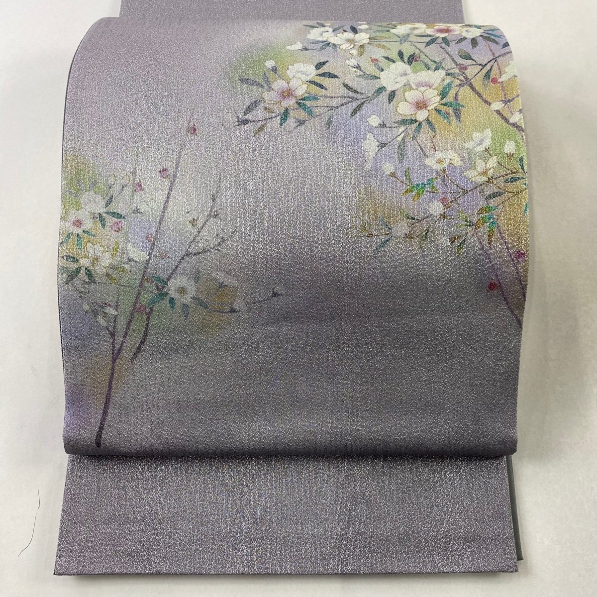 ファッションなデザイン 美品 袋帯 秀品 【中古】 正絹 お太鼓柄 薄紫 銀通し 桜 仕立て上がり