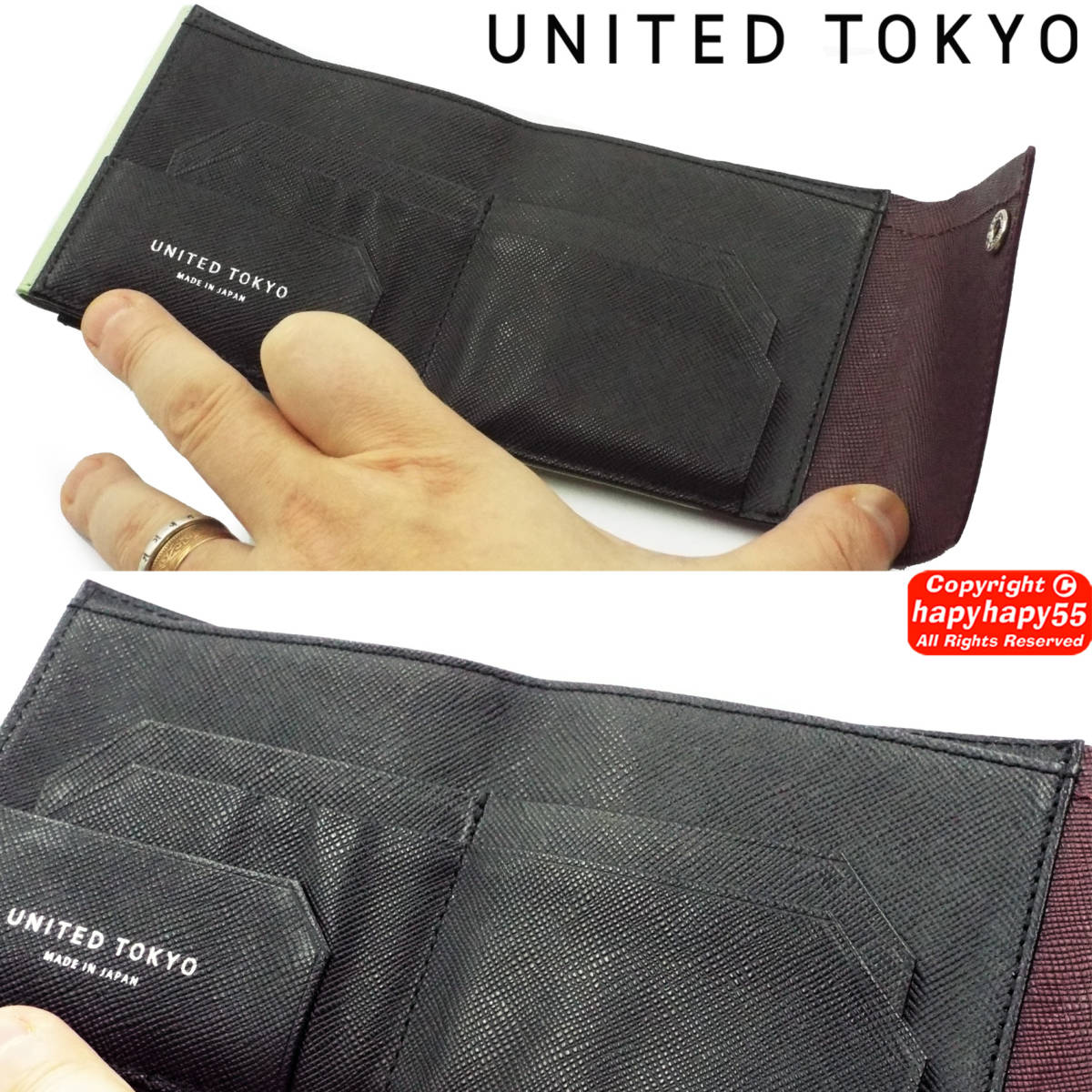 WEB限定品■UNITED TOKYO レザー二つ折り財布 octa 美品◆ミニウォレット 本皮 革 型押しレザー ユナイテッドトウキョウ コインケース