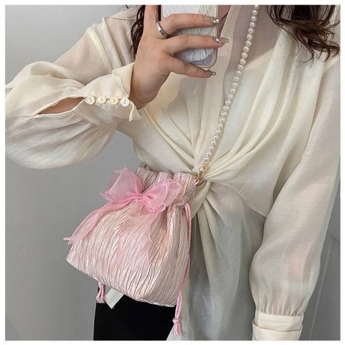 リボン オーガンジー ピンク ショルダーバッグ ポーチ 巾着バッグ パール ポシェット 韓国ファッション フェミニン きれいめ