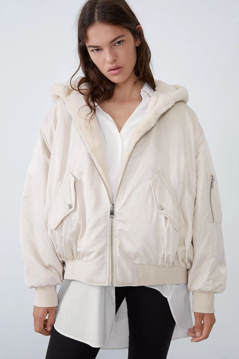 ZARA リバーシブルボンバージャケット エクリュ M ファー ZARA リバーシブルボンバージャケット エクリュ M ファー