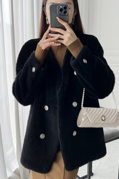 新品品質レディース暖かい100％ウールジャケット毛皮コートVネック黒L_画像3