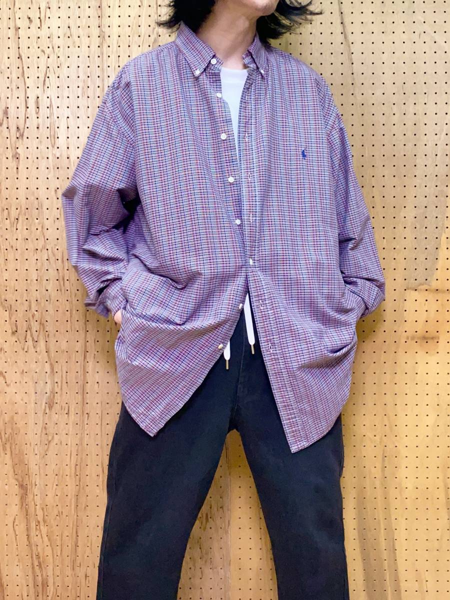 古着 90年代 90s Ralph Lauren ラルフローレン チェック シャツ 長袖 トップス 赤 レッド メンズ 2XLT XXL ビッグ オーバーサイズ 4XL