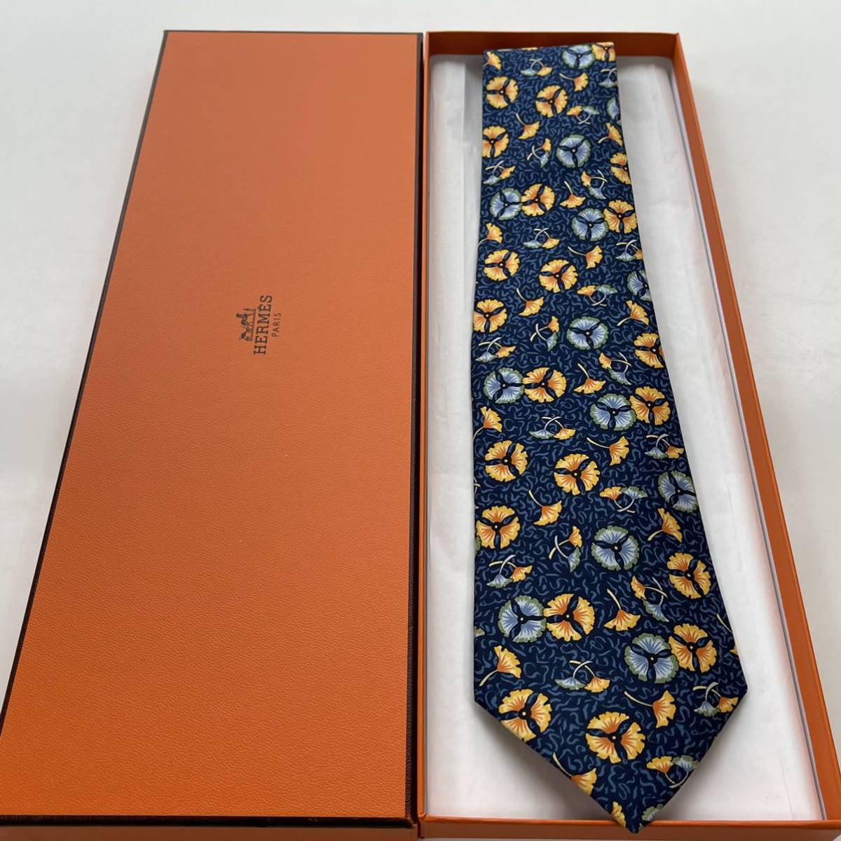  Hermes (HERMES) темно-синий синий зеленый orange цветочный принт галстук 