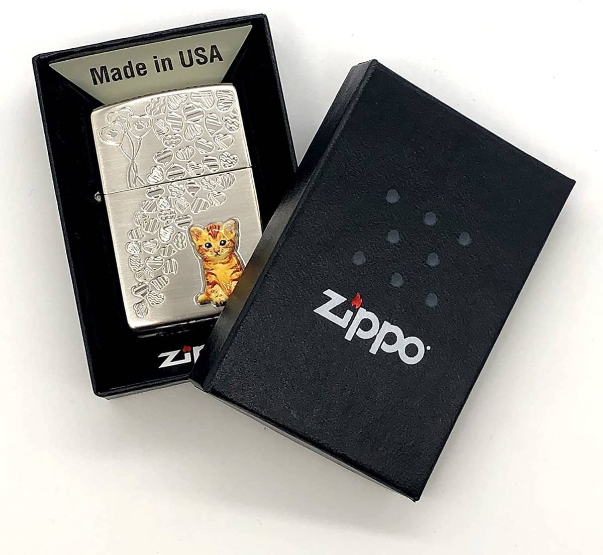 ネコ メタルパーツ ZIPPO(ジッポー) ライター 高級感のあるシルバーとブラウンネコ 真鍮 ハート模様 サテーナ仕上げ かわいい タバコ_画像4