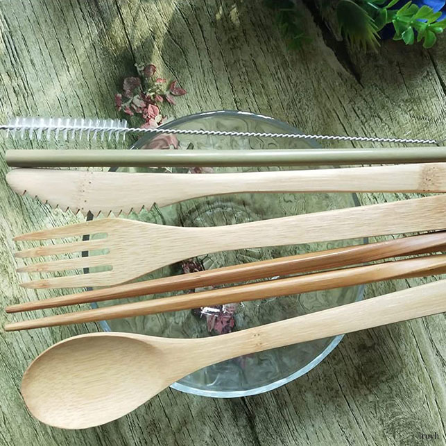 天然の竹 和風 食器 カラトリーセット オリーブ ナイフ フォーク スプーン ストロー 箸 ストローブラシ 布製バッグ クリエイティブ 超軽量