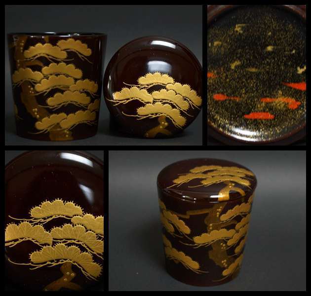 閑】名工加賀蒔絵師高崎秋峰作松蒔絵木製棗共箱茶道具☆4D1126