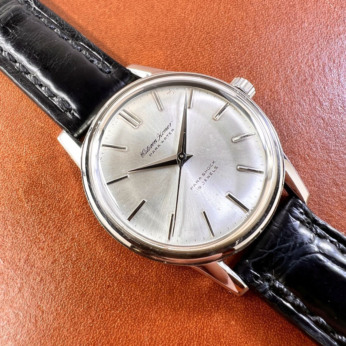 OH済! 極美品! CITIZEN HOMER PW クロコダイル本革手縫いベルト