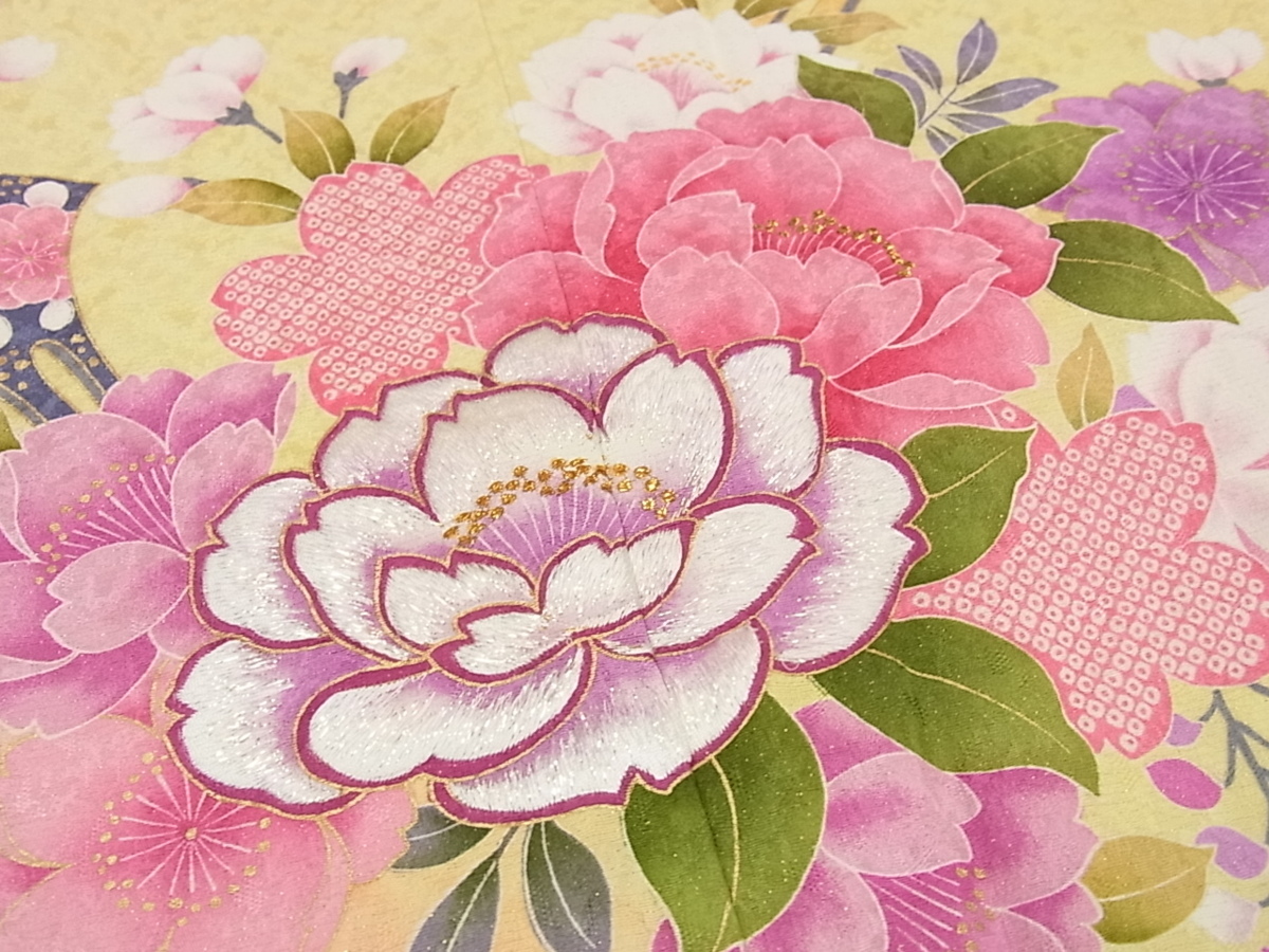 平和屋■極上　振袖　刺繍　花に簪　暈し染め　金通し地　逸品s7943